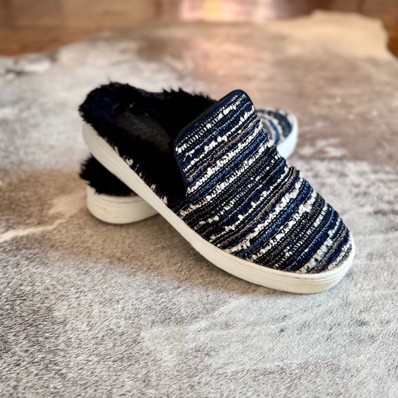 SAM EDELMAN Lois Slide Fur Platform Sneakers Metallic Blue Stripes Slip-on Shoes - Picture 8 of 16
